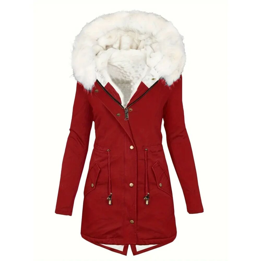 NIB- Faux Fur Hooded/Lined Parka Coat Drawstring, ZipUp & Buttons Pockets SM-Red